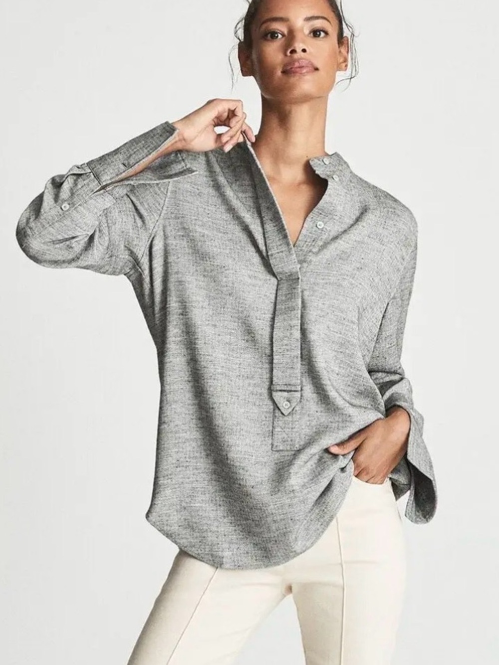 Reiss Alber Casual Longline Ruffle Top Minimalist Office Herringbone size 8